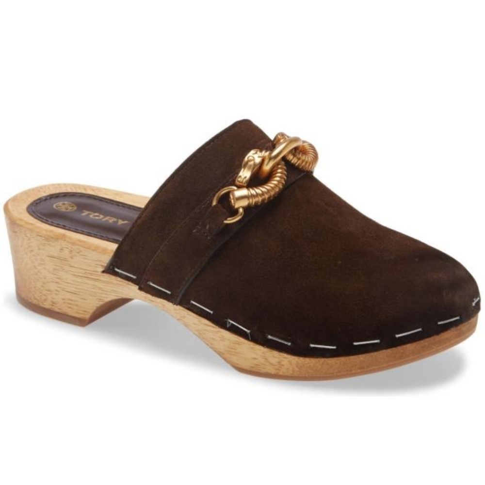 Tory Burch Dark Brown Suede Clog Mule with Gold Chain